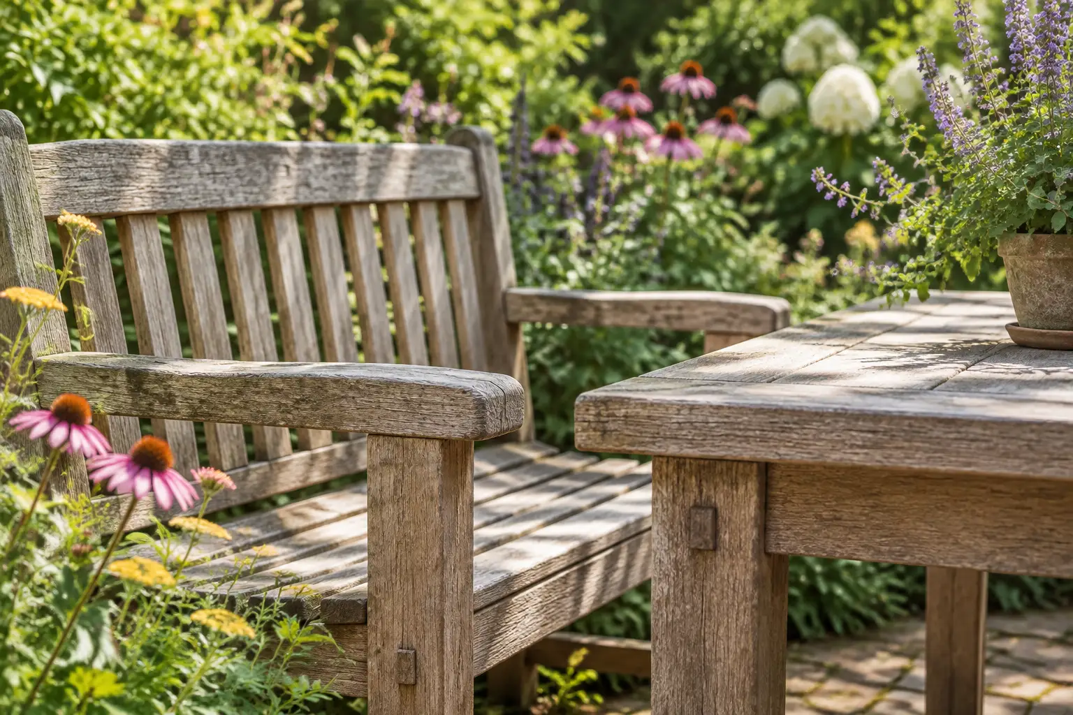 Houten tuinmeubelen met zichtbare verbindingen.