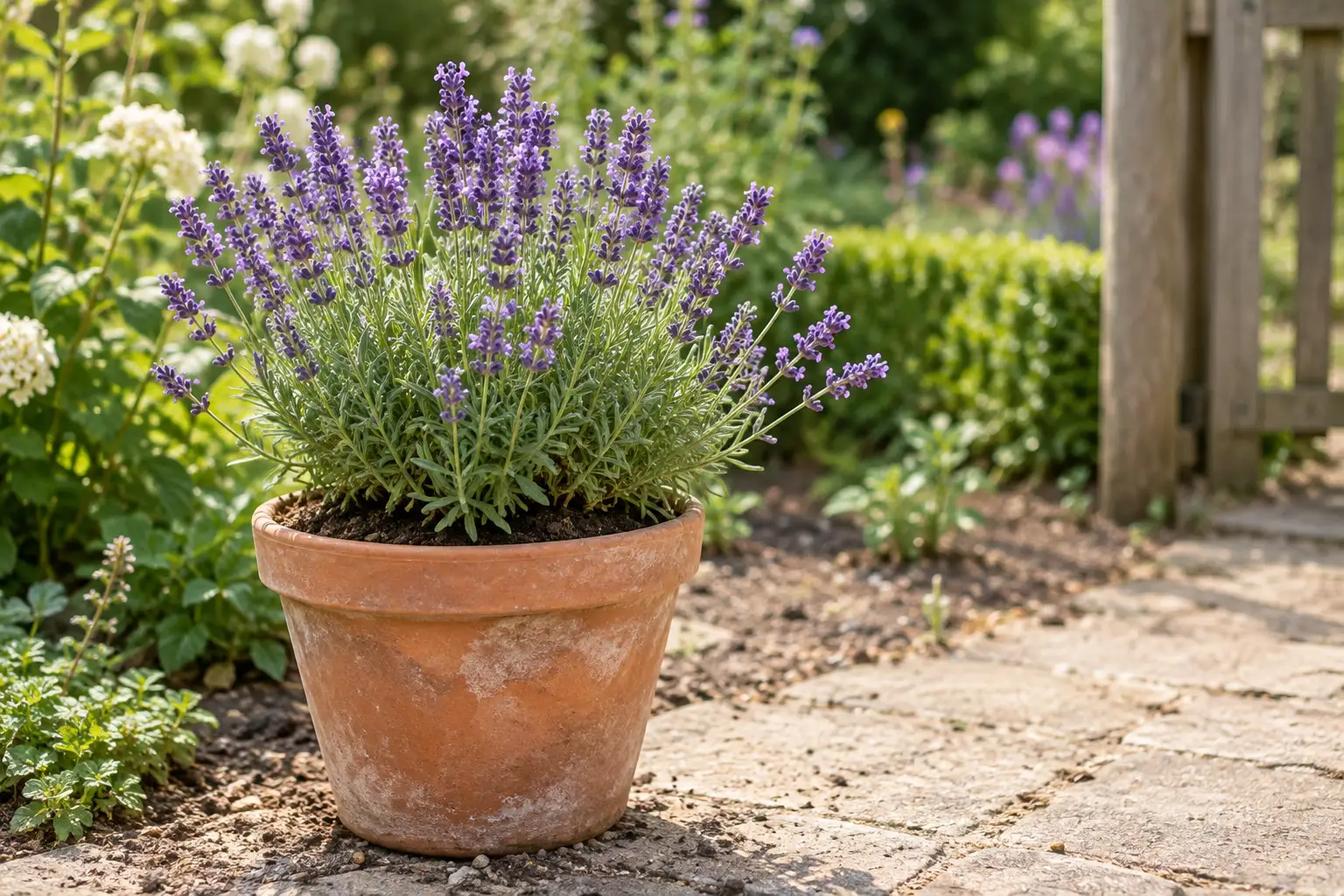 Terracotta pot met bloeiende lavendel op zonovergoten tuinpad tussen borders